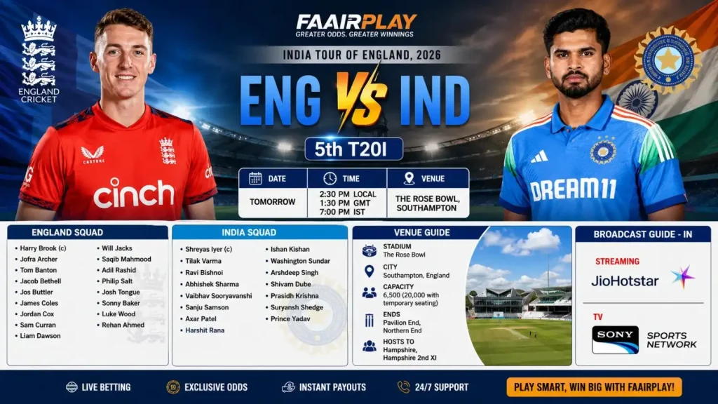 "ENG vs IND 5th T20I 2026 match preview banner on Faairplay.ac with venue, squads, and live streaming details.