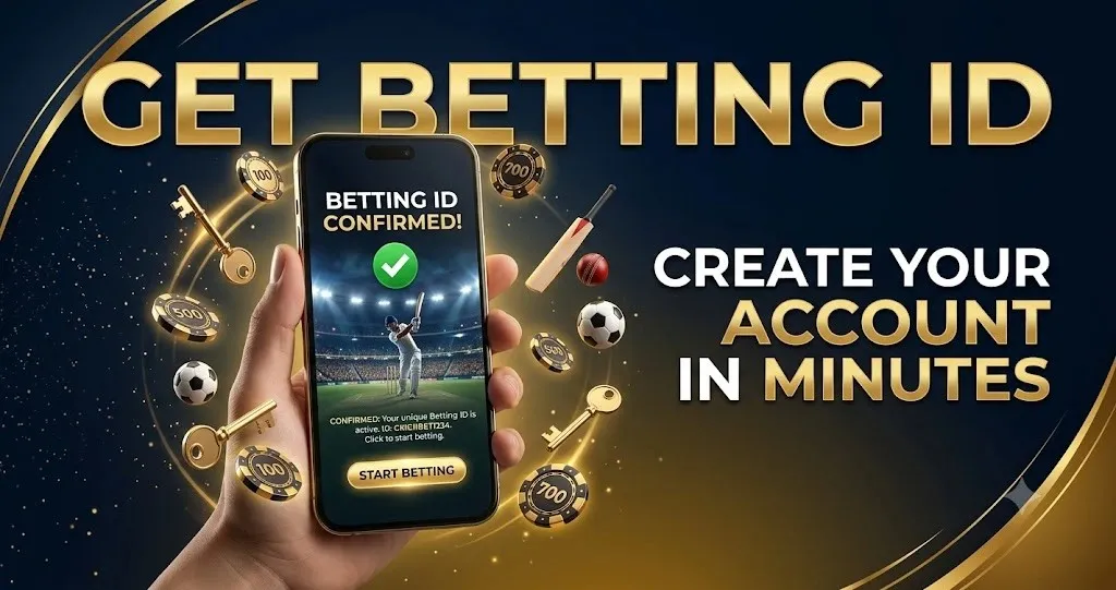 fairplay Hand holding a smartphone with "BETTING ID CONFIRMED" for cricket, surrounded by gold and white text, floating coins, sports gear, and casino chips