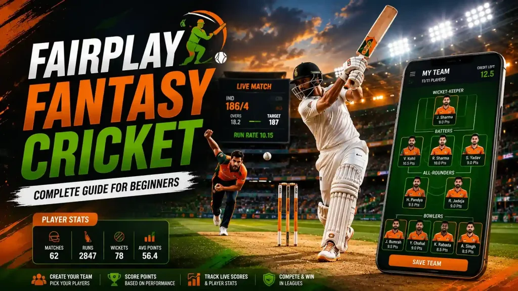 Fairplay Fantasy Cricket featured image with a batsman, bowler, fantasy team interface, player statistics, and a modern orange-and-green cricket stadium theme.